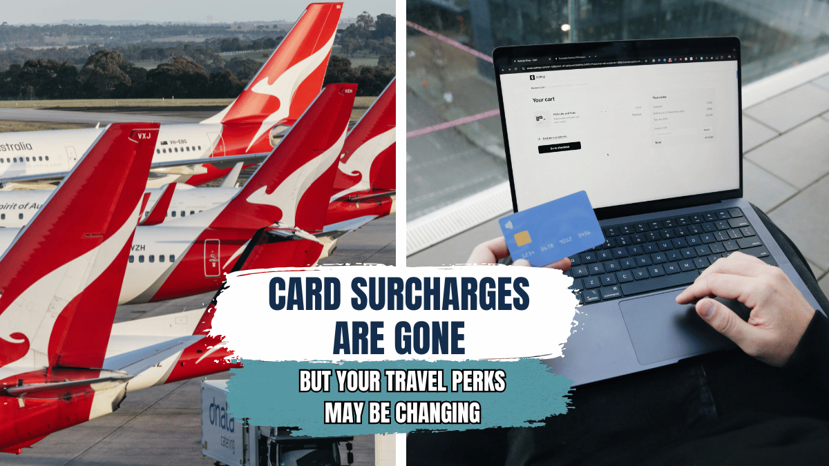Qantas planes on left and person using a credit card online on right