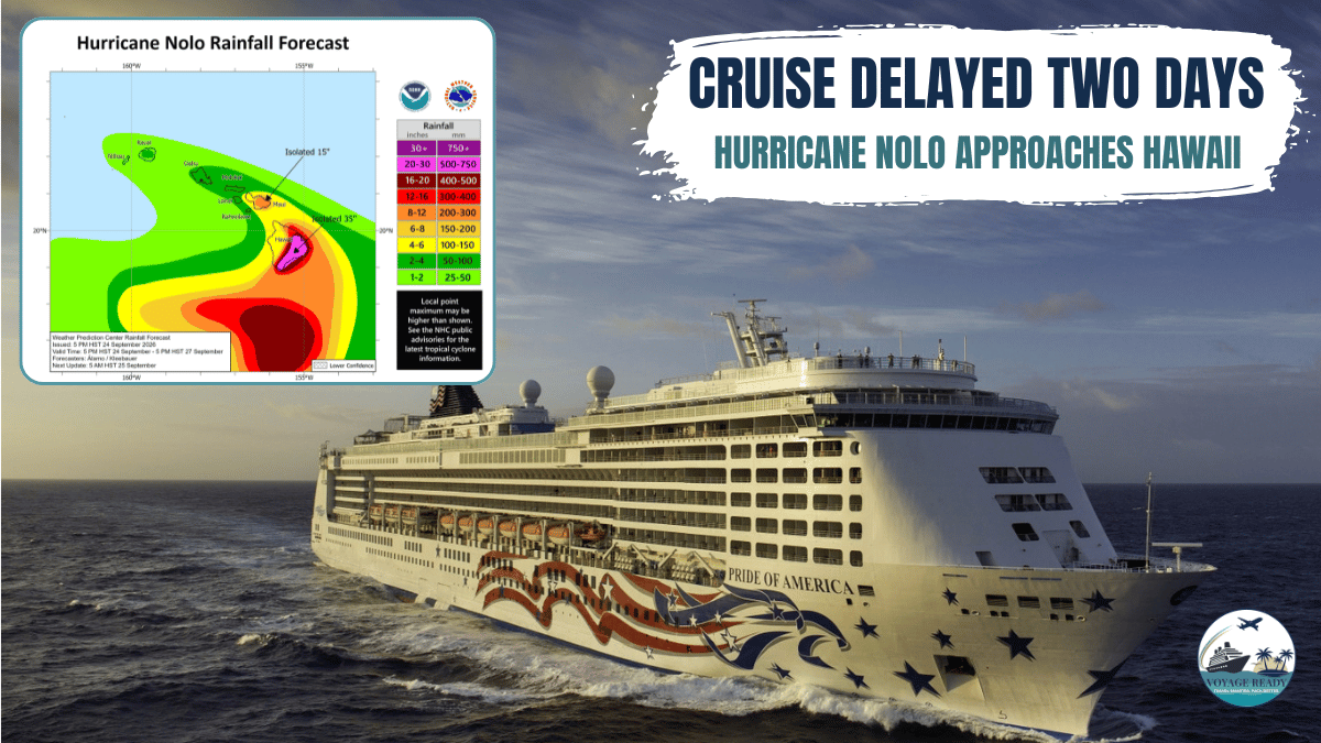 Norwegian Pride of America in foreground with rainfall map for Hurricane Nolo inset