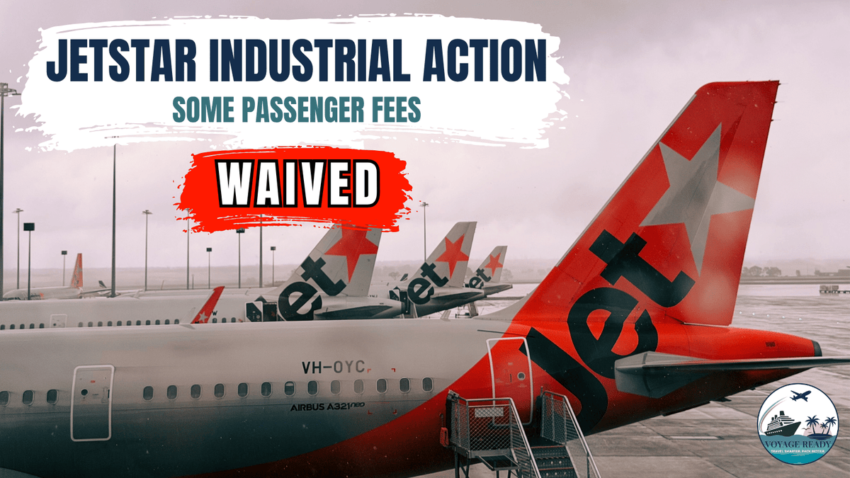 Jetstar planes lined up on tarmac with overlay Jetstar Industrial Action Some Passenger Fees Waived