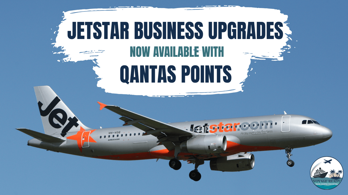 Jetstar plan with overlay outlining Jetstar Business Upgrades Now Available with Qantas Points