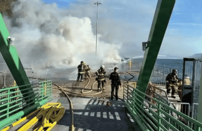 Firefighters at cruise ship pier in Whittier
