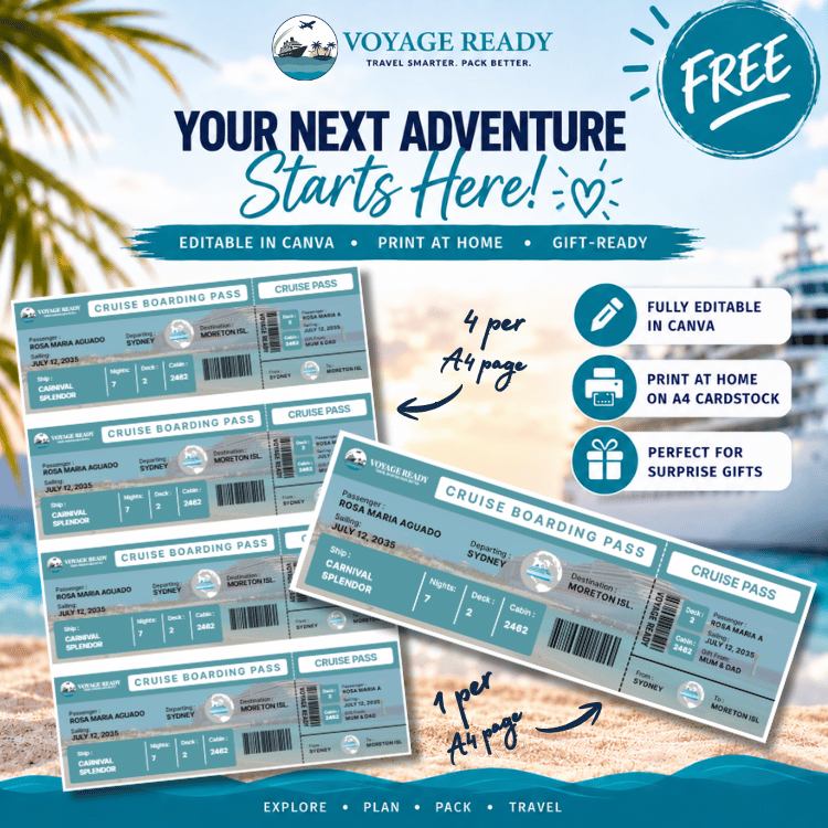 Voyage Ready Editable Cruise Boarding Pass – Canva Template (Teal/Ocean)