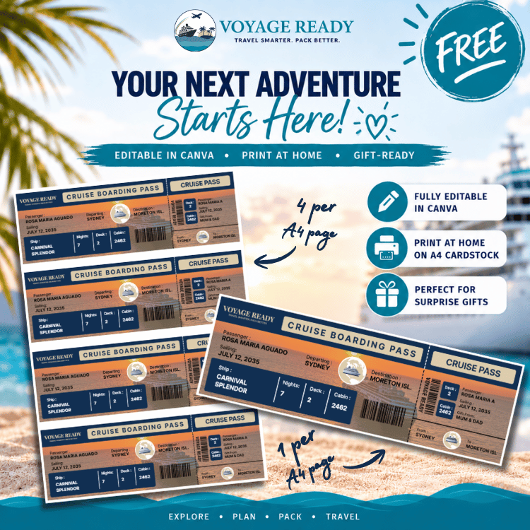 Voyage Ready Editable Cruise Boarding Pass – Canva Template (Navy/Sand)
