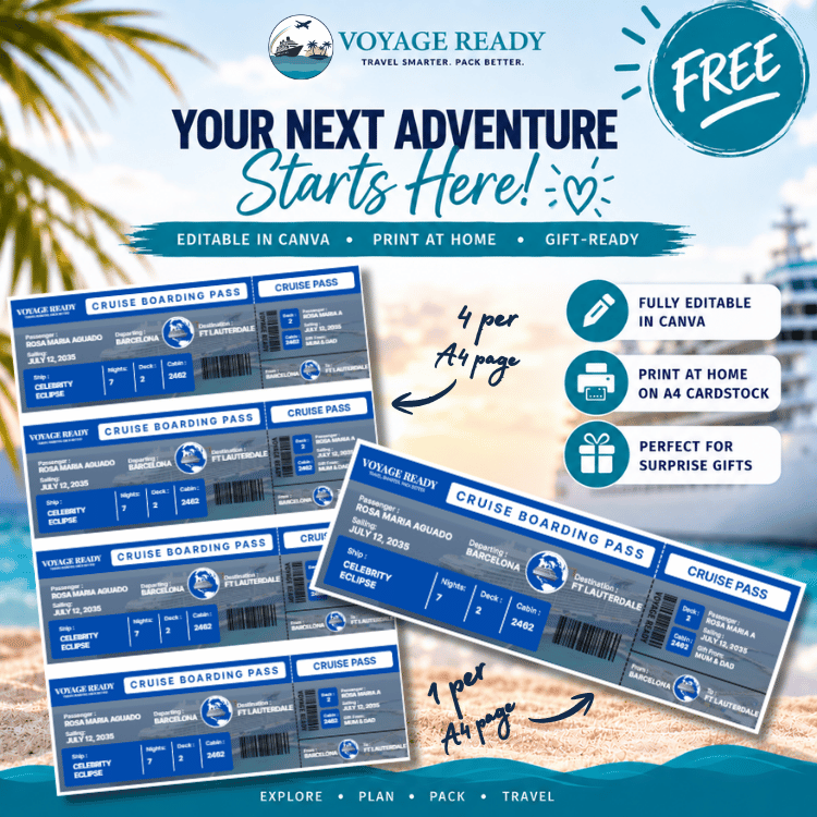 Voyage Ready Editable Cruise Boarding Pass – Canva Template (Royal Blue)