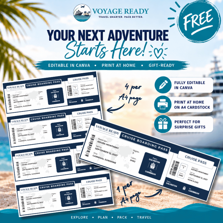 Voyage Ready Editable Cruise Boarding Pass – Canva Template (Simple Navy)