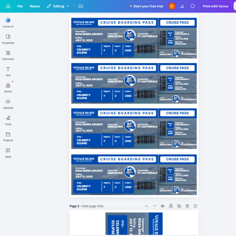 Voyage Ready Editable Cruise Boarding Pass – Canva Template (Royal Blue)