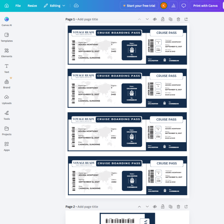 Voyage Ready Editable Cruise Boarding Pass – Canva Template (Simple Navy)