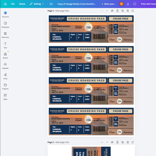 Voyage Ready Editable Cruise Boarding Pass – Canva Template (Navy/Sand)