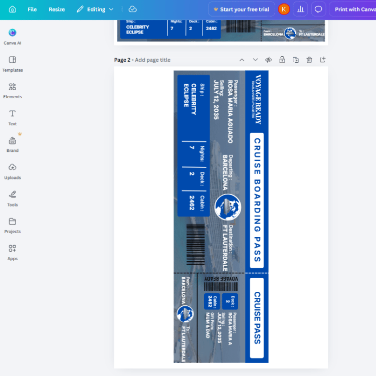 Voyage Ready Editable Cruise Boarding Pass – Canva Template (Royal Blue)