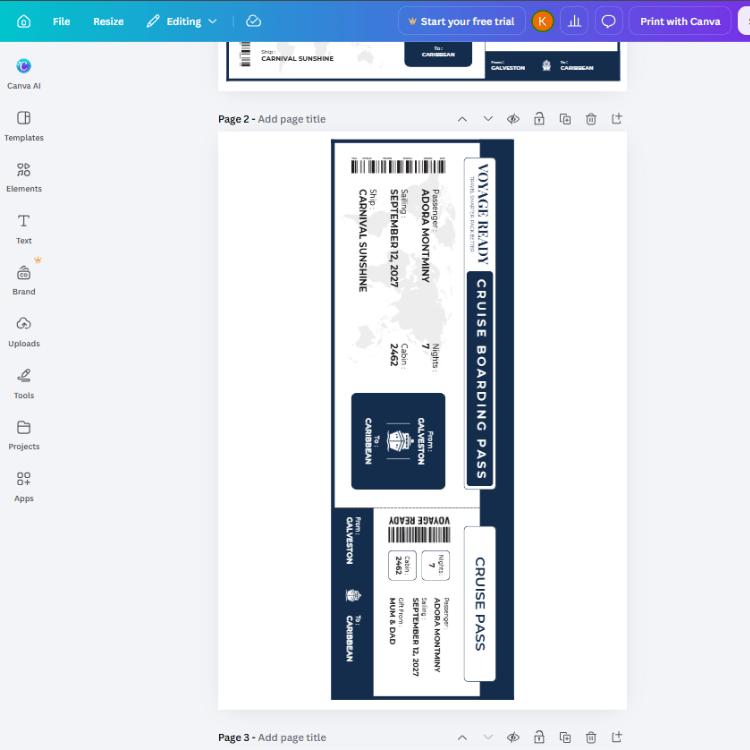 Voyage Ready Editable Cruise Boarding Pass – Canva Template (Simple Navy)