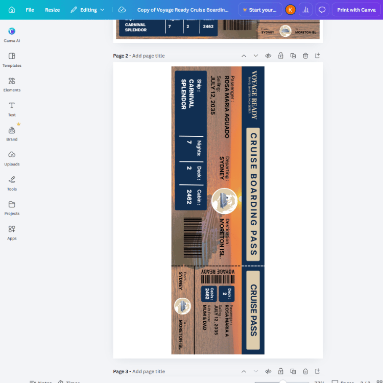 Voyage Ready Editable Cruise Boarding Pass – Canva Template (Navy/Sand)