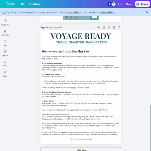 Voyage Ready Editable Cruise Boarding Pass – Canva Template